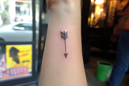 Minimalist arrow tattoo adorning a woman's wrist, representing direction, purpose, and focus with its clean, elegant designの素材