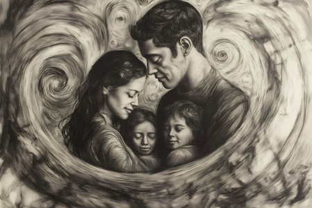 Charcoal drawing depicting a family embracing, surrounded by a swirling, textured background, evoking a sense of connection and warmthの素材