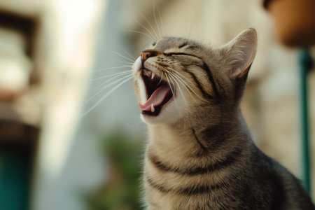European cat yawning widely, displaying sharp teeth and a pink tongue, set against a softly blurred background, exuding cuteness and humorの素材
