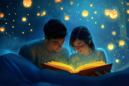 Young couple reading a magic book together at night under hanging lights, creating a glowing atmosphereの素材