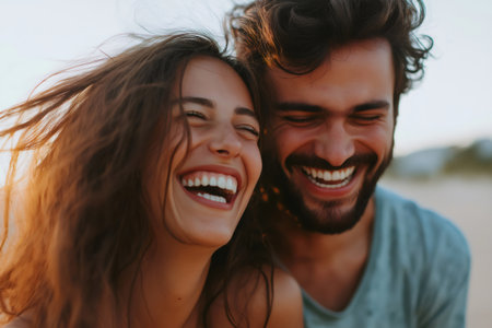Happy couple laughing joyfully, showcasing bright smiles and perfect teeth while enjoying each other's company outdoors during sunsetの素材