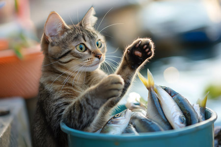 Playful tabby cat reaching into a bucket full of small fish, showing its natural predatory instinctsの素材