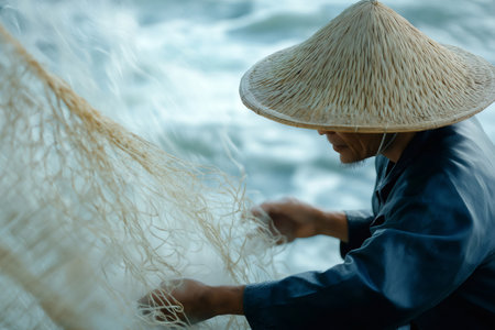 Asian fisherman wearing a traditional conical hat is skillfully casting a fishing net into the sea, embracing a time honored livelihoodの素材