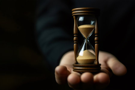 Businessman showing an hourglass with sand flowing, concept of time passing, deadline, and running out of timeの素材