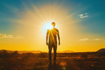 Silhouette of a man standing in the desert during a scorching sunset, with sunbeams illuminating him, creating a dramatic and inspiring atmosphereの素材