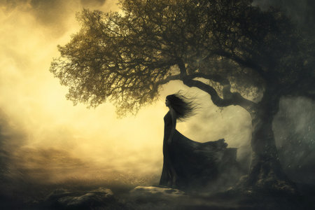Surreal image of a woman wearing a long black dress, standing under an old oak tree in a foggy landscape, with her hair and dress blowing in the windの素材