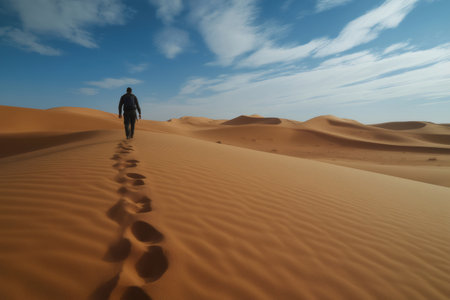 Tourist walking on the sand dunes of the Sahara Desert leaving footprints under a blue sky with cloudsの素材