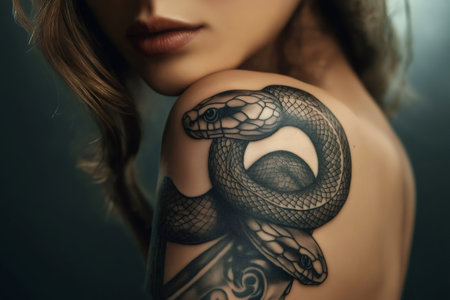 Close up view of a snake tattoo intricately wrapping around the arm of a model, highlighting the beauty and artistry of body inkの素材