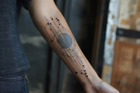 Forearm of young woman with abstract geometric tattoo consisting of lines, dots and circlesの素材