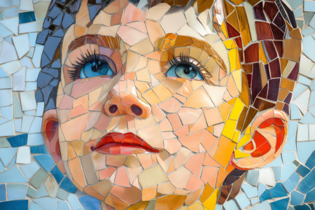 Close up of a mosaic portrait depicting a young boy with captivating blue eyes, created with vibrant and varied colored tilesの素材