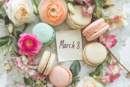 Delicate pastel colored macarons arranged with fresh flowers around a note reading March 8, celebrating International Women's Dayの素材