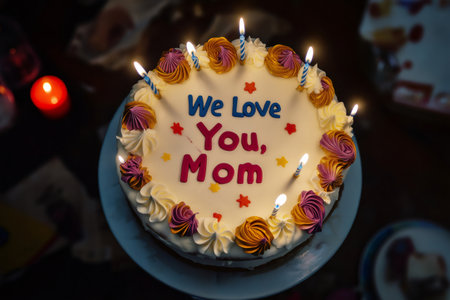 Round cake adorned with lit candles and vibrant frosting, celebrating love for Mom on a special occasion filled with joy and sweetnessの素材
