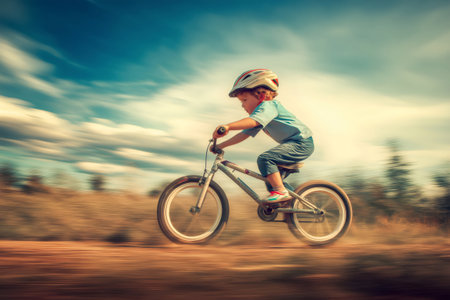 Young child wearing helmet riding bicycle very fast on country road, motion blur effect suggesting high speed and carefree attitudeの素材