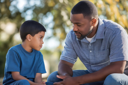 African American father and son having a serious conversation in a park, building a strong family bondの素材