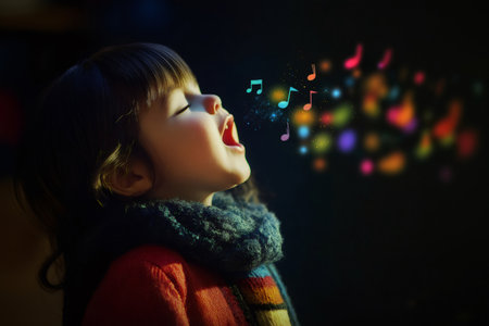Little kid singing with closed eyes, vibrant musical notes floating from an open mouth, expressing pure joy and creativity in every noteの素材
