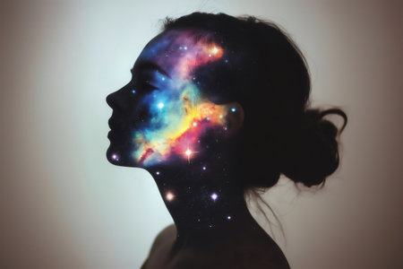 Profile of a woman with closed eyes merging with a colorful galaxy in a surreal double exposureの素材