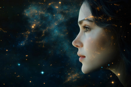 Profile of a young woman merging with the universe, her face blending with stars and nebulae, symbolizing connection and explorationの素材