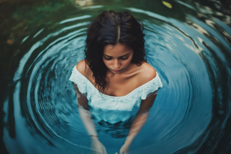 Young woman wearing a white dress is standing in calm water, creating ripples that spread outward, symbolizing her impact on the environmentの素材