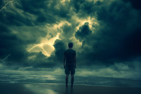 Man standing on the beach observing an incoming thunderstorm with lightning bolts and dark cloudsの素材