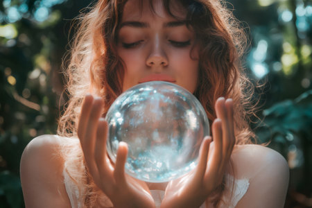Young woman with curly hair holding a crystal ball in her hands with closed eyes, performing a divination ritual in a mysterious forestの素材