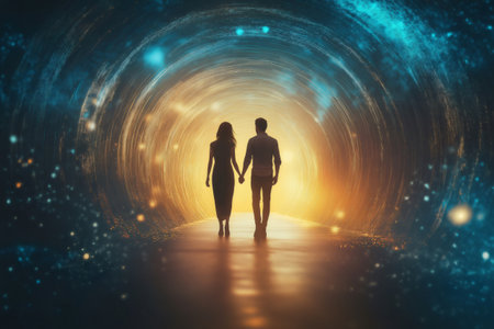 Couple holding hands walking through glowing portal in swirling tunnel, representing love, togetherness, journey, hope, and new beginningsの素材