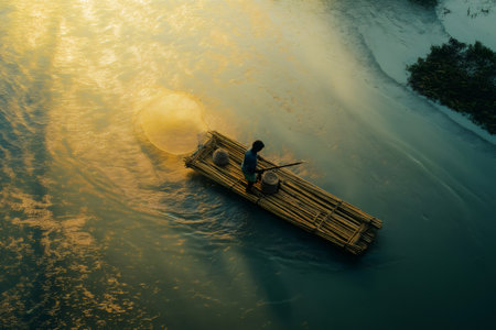 Fisherman casting circular net from a bamboo raft on a river during golden hour, creating ripples in the waterの素材