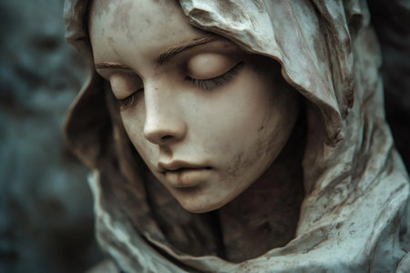 Close up of weathered statue's face, eyes closed in prayer, evokes a sense of tranquility and spiritual contemplationの素材