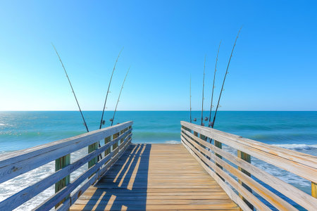 Fishing rods are standing on a wooden pier jutting out into a calm ocean under a clear blue skyの素材