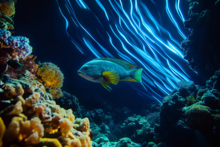 Vibrant tropical fish navigates a coral reef illuminated by mesmerizing light trails in the depths of a dark blue oceanの素材