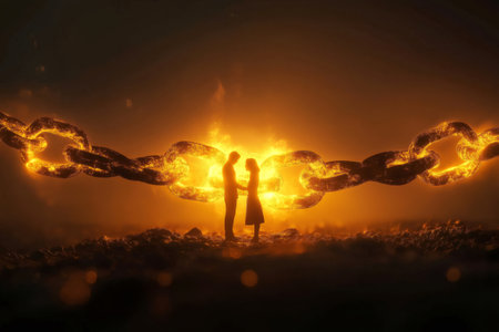 Romantic couple holding hands, united by a massive, glowing chain symbolizing an unbreakable bond, creating a powerful visual metaphor for love and commitmentの素材