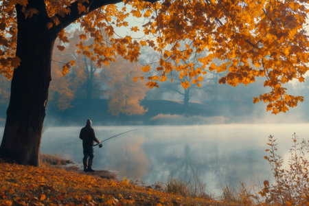 Fisherman fishing with rod on a foggy lake shore under colorful foliage during a beautiful autumn morningの素材