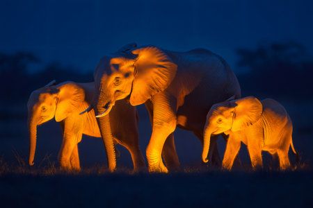 Elephant family glowing in vibrant orange hues under the moonlight, roaming the African savanna at night, creating a serene wildlife sceneの素材