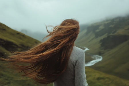 Wind tousling the long hair of a young woman, admiring the breathtaking beauty of an Icelandic valley filled with serene landscapesの素材