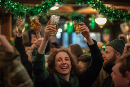 People raising beer glasses and celebrating St. Patrick's Day in a pub decorated with green garlandsの素材