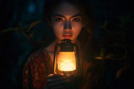 Mysterious woman illuminating path with lantern in dark forest, creating a magical atmosphereの素材