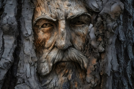 Intricate wood carving resembling an old man's face emerges from tree bark, blending art and nature seamlesslyの素材