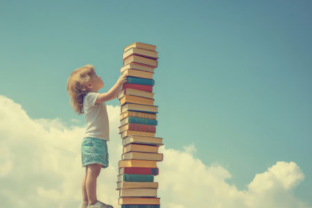 Toddler carefully placing another book on a tall stack of books against a cloudy sky background, symbolizing education and growthの素材