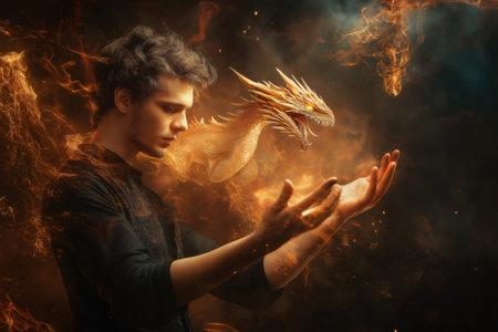 Young mage conjuring a magnificent golden dragon with fiery magic, surrounded by swirling flames in a captivating fantasy sceneの素材