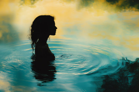 Silhouette of a woman immersed in tranquil water, creating expanding ripples, with a serene sunset backdropの素材