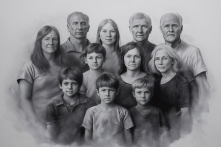 Realistic charcoal drawing of a large multigenerational family posing together for a portrait, highlighting family bonds and heritageの素材