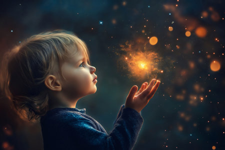 Toddler holding a glowing universe in tiny hands, gazing up with hope at a starry night sky filled with wonder and possibilitiesの素材