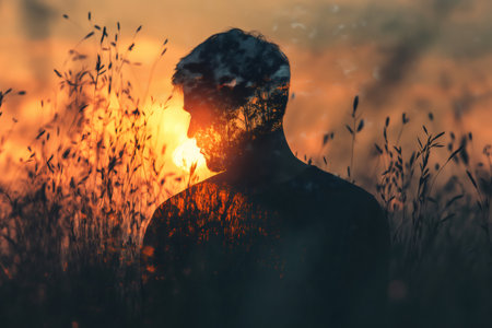 Silhouette of a man blending with nature at sunset, creating a double exposure effect representing harmony and introspectionの素材