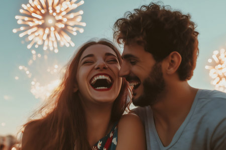 Happy couple laughing together while enjoying a fireworks show, celebrating a special occasionの素材