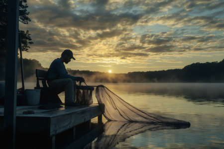 Fisherman mending his net on a wooden dock at sunrise, with mist rising from the calm lakeの素材