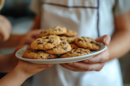 Child is holding a plate of freshly baked chocolate chip cookies, offering them with a sense of achievementの素材