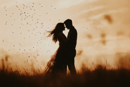 Silhouette of a romantic couple embracing in a field at sunset, with petals falling gently around them, creating a magical atmosphereの素材
