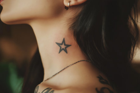 Close up view highlighting a tattooed star design on the neck of a young woman, adorned with a delicate thin necklace, showing her individualityの素材