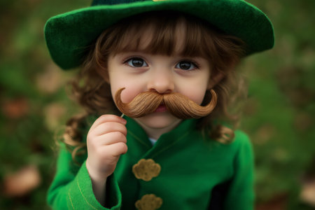 Little girl wearing leprechaun costume holding a fake mustache celebrating Saint Patrick's Dayの素材