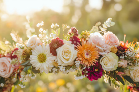 Close up of a floral crown with roses, gerberas, and other flowers, glowing warmly in the setting sunの素材