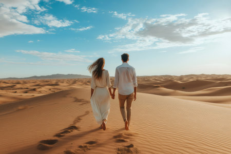 Romantic couple walking in the desert enjoying the vastness and beauty of the Sahara Desertの素材